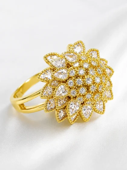 Flower Adjustable Open Gold Ring For Women, Trendy Elegant Unique Cubic Zirconia Enamel Front Open Floral Leaf Easter Jewelry Gift-flower